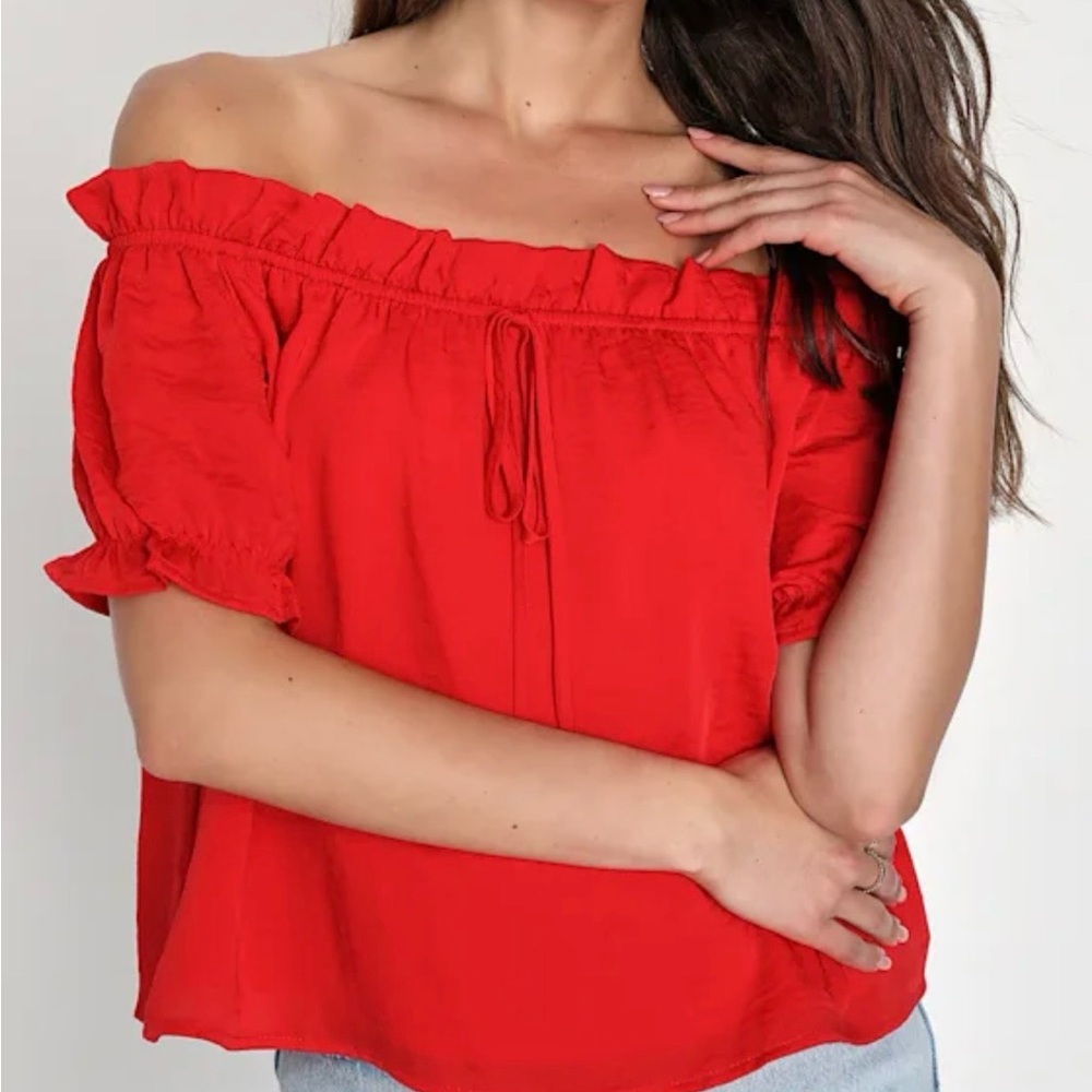 Red Short Puff Sleeve Off-Shoulder Top